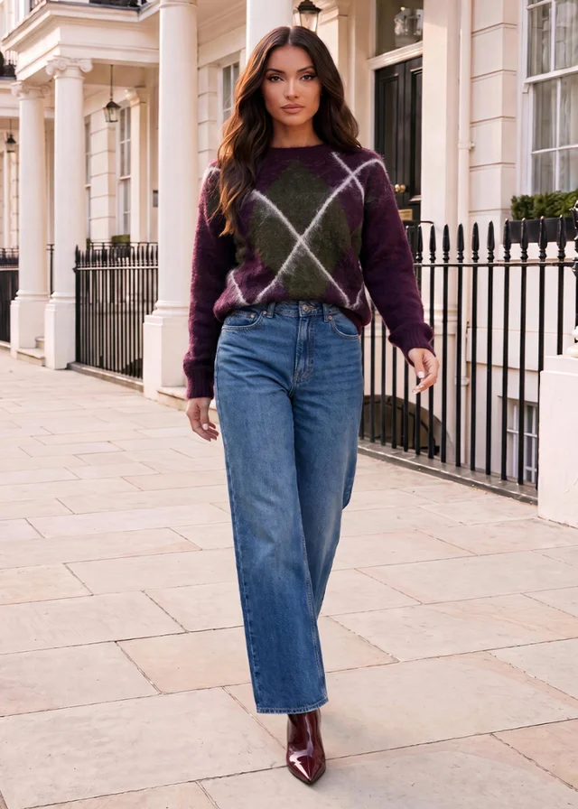 AX Paris Plum Argyle Crew Neck Jumper