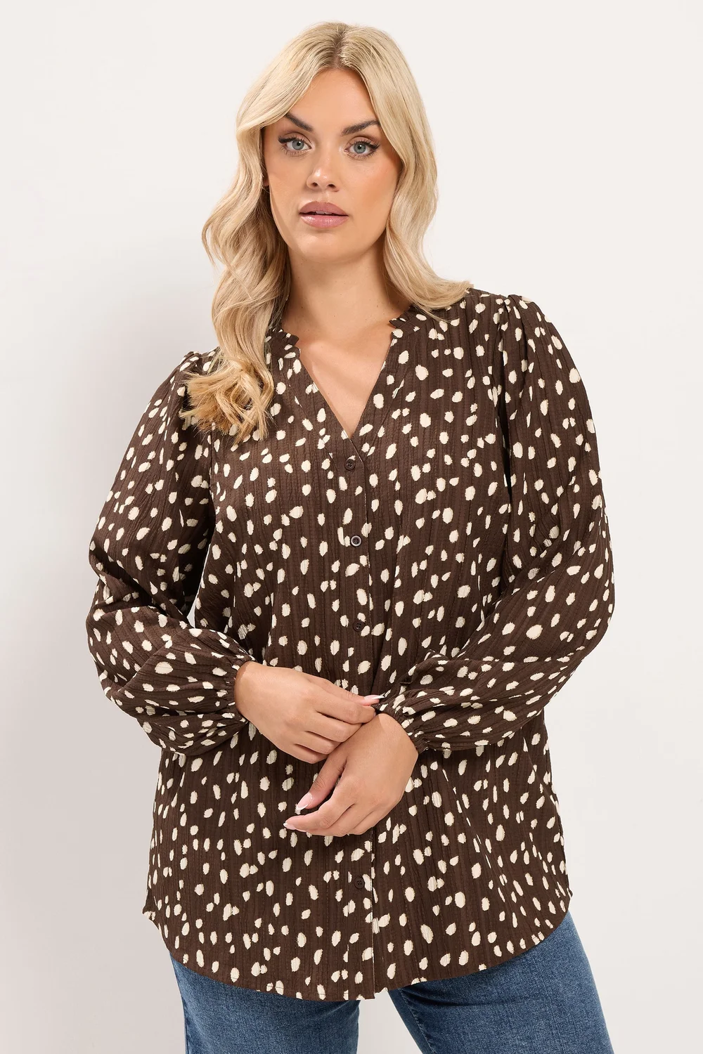 Yours Curve Brown Spot Notch Neck Blouse - 14 Image 1