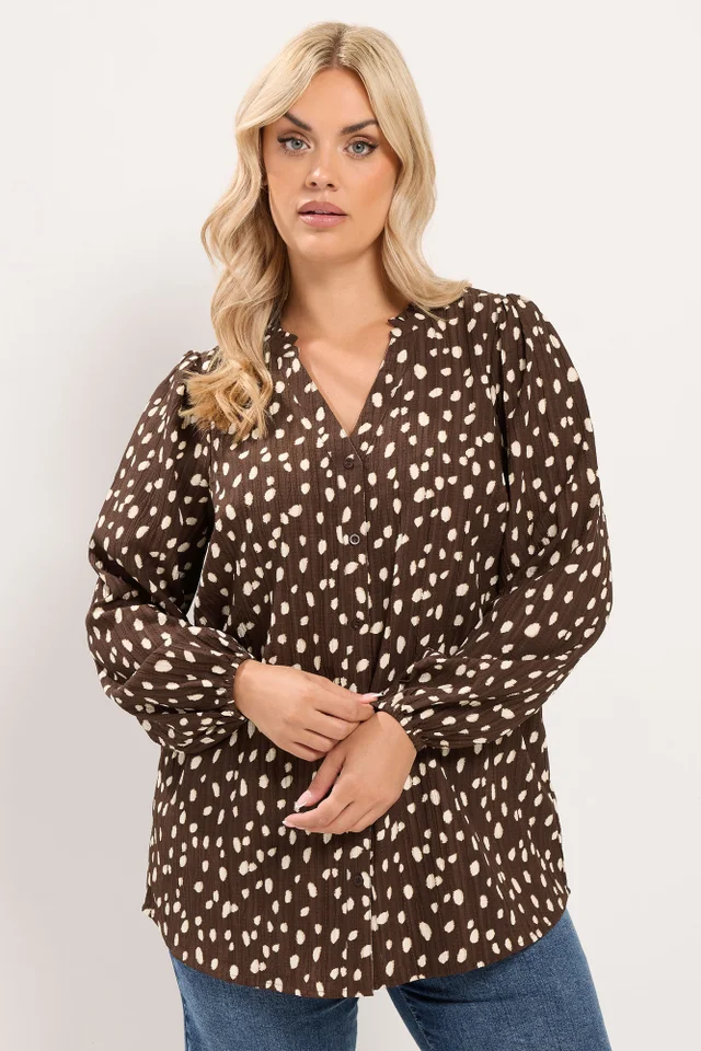 Yours Curve Brown Spot Notch Neck Blouse