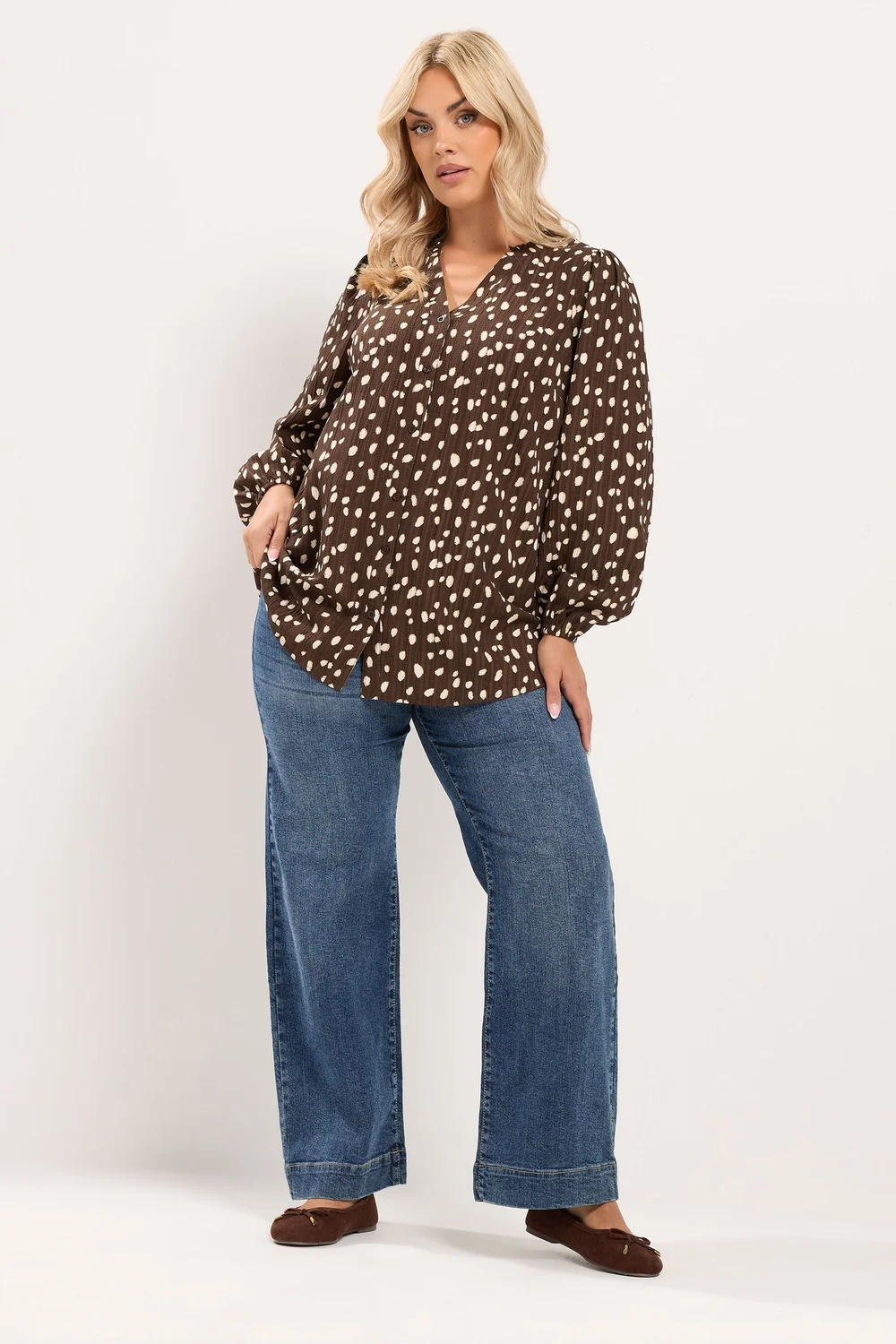 Yours Curve Brown Spot Notch Neck Blouse - 14 Image 2