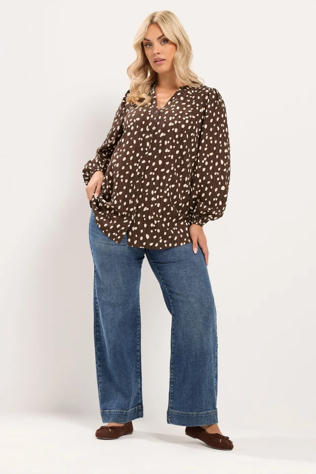 Yours Curve Brown Spot Notch Neck Blouse