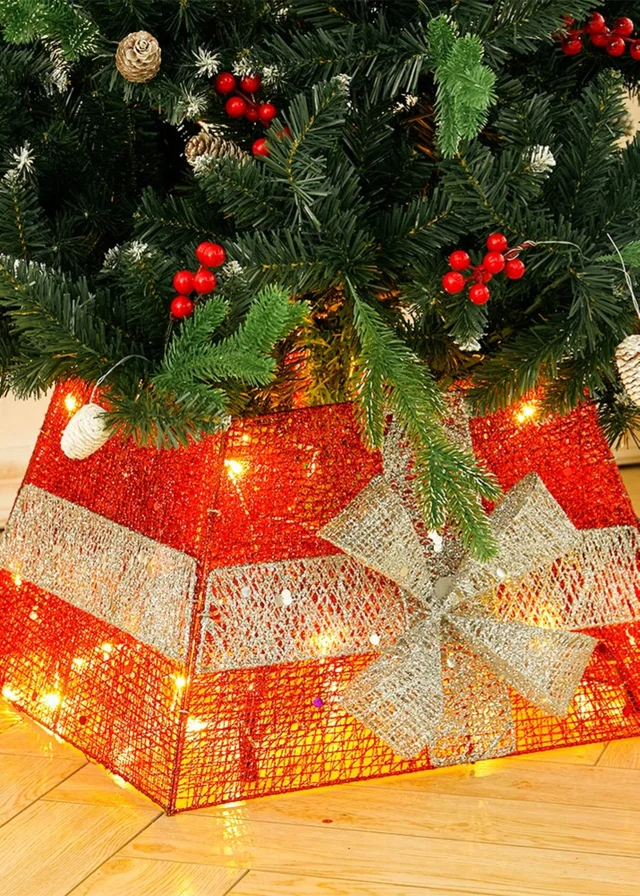 Lifeideas Square Christmas Tree Collar Basket Decor with Bow Tie