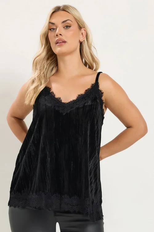 Yours Curve Black Velour Lace Vest Top - 18 Image 1