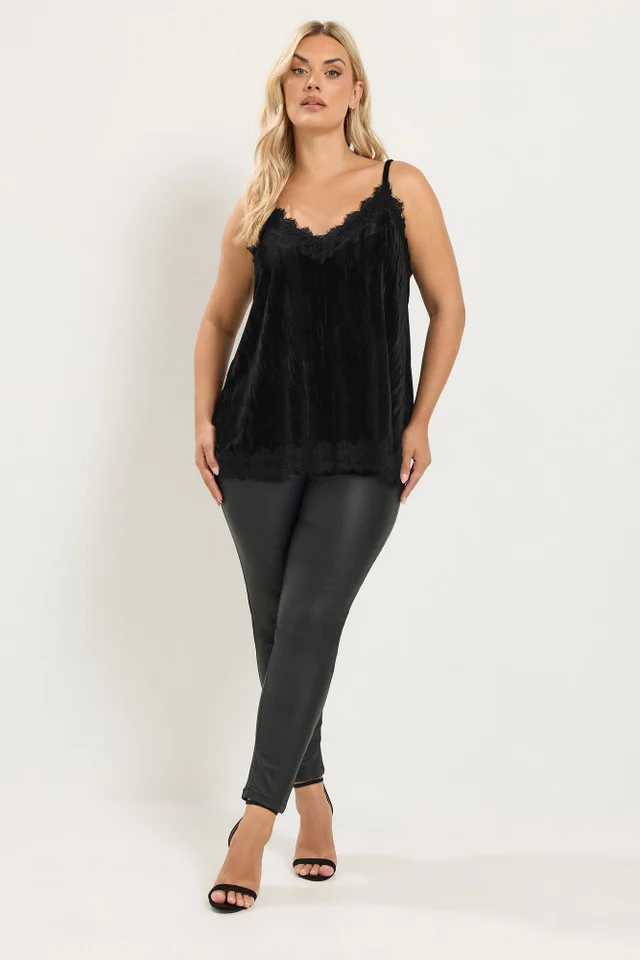 Yours Curve Black Velour Lace Vest Top