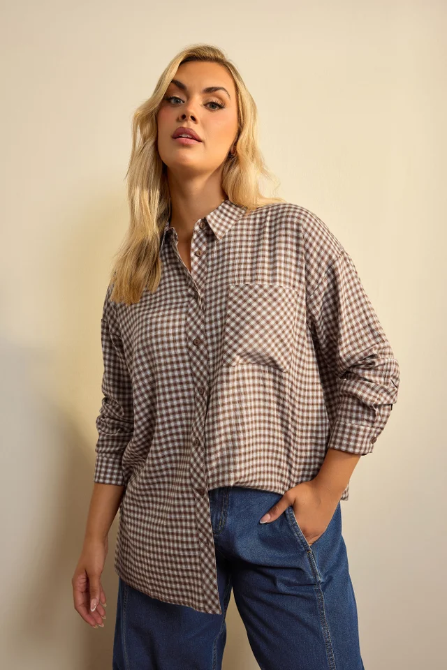 Yours Curve Brown Check Boyfriend Shirt