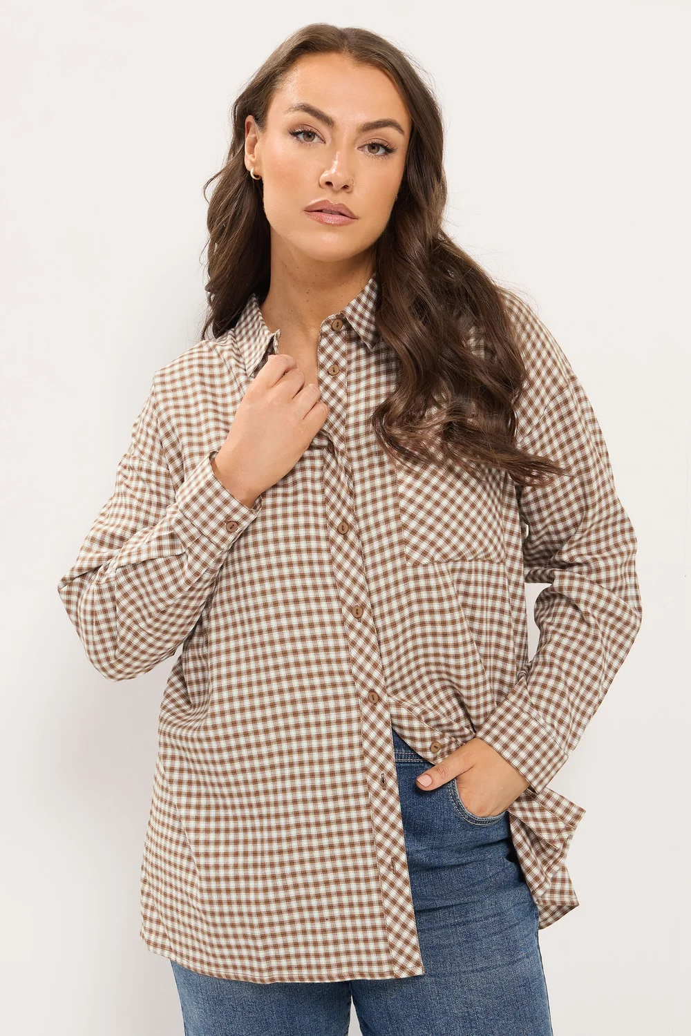 Yours Curve Brown Check Boyfriend Shirt - 26-28 Image 2