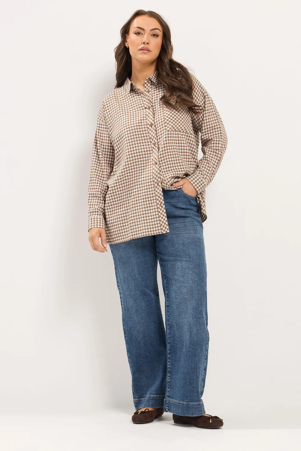 Yours Curve Brown Check Boyfriend Shirt - 26-28 Image 3