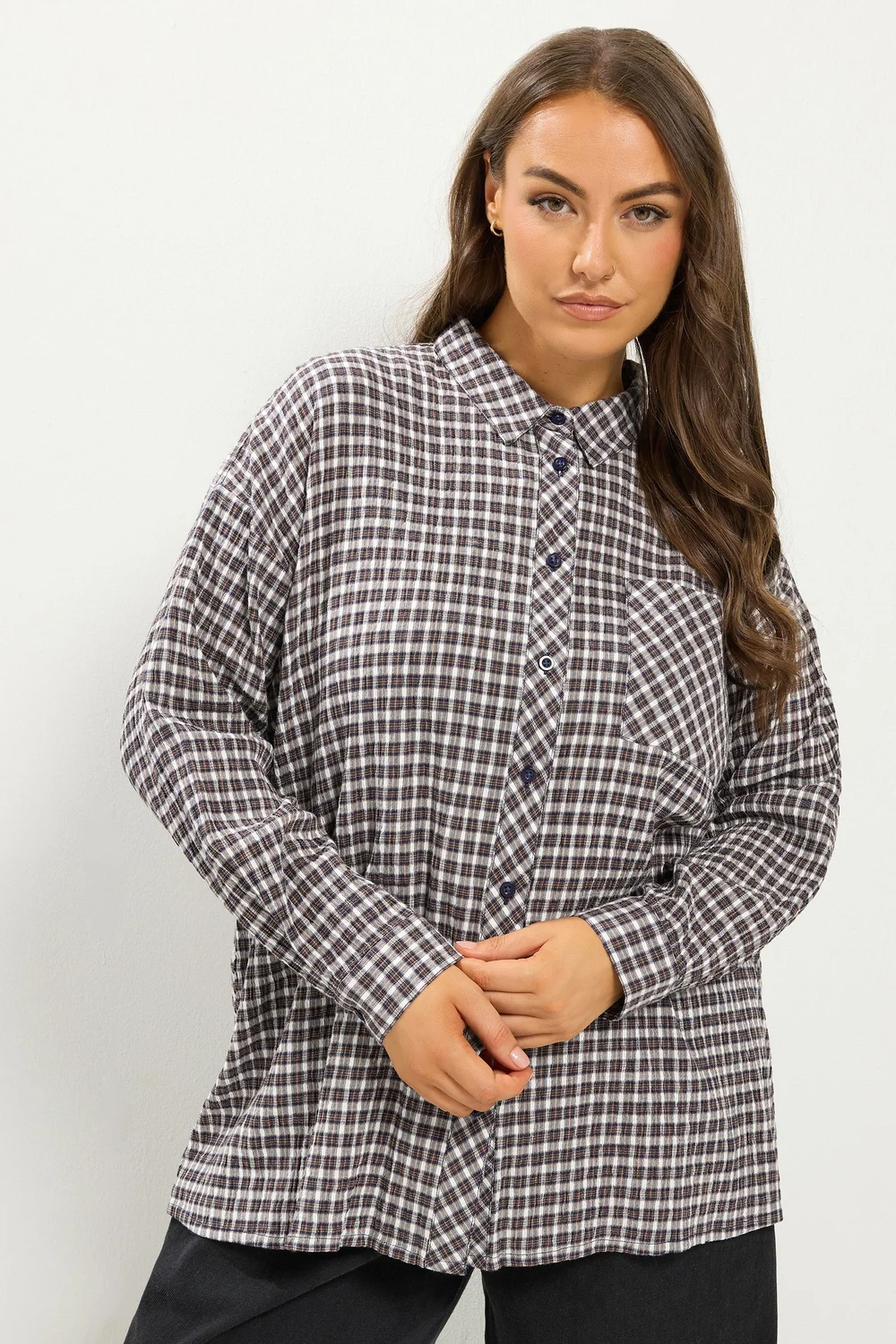 Yours Curve Mocha Brown Check Boyfriend Shirt - 30-32 Image 3