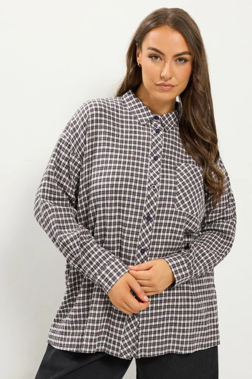 Yours Curve Mocha Brown Check Boyfriend Shirt - 30-32 Image 3