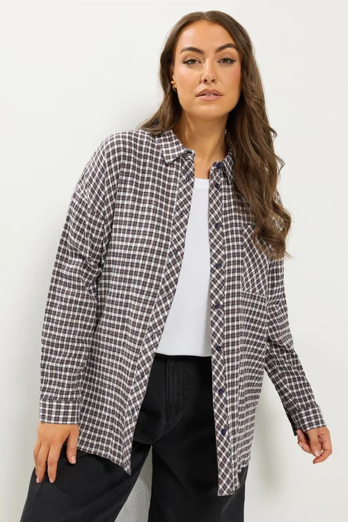 Yours Curve Mocha Brown Check Boyfriend Shirt - 30-32 Image 1