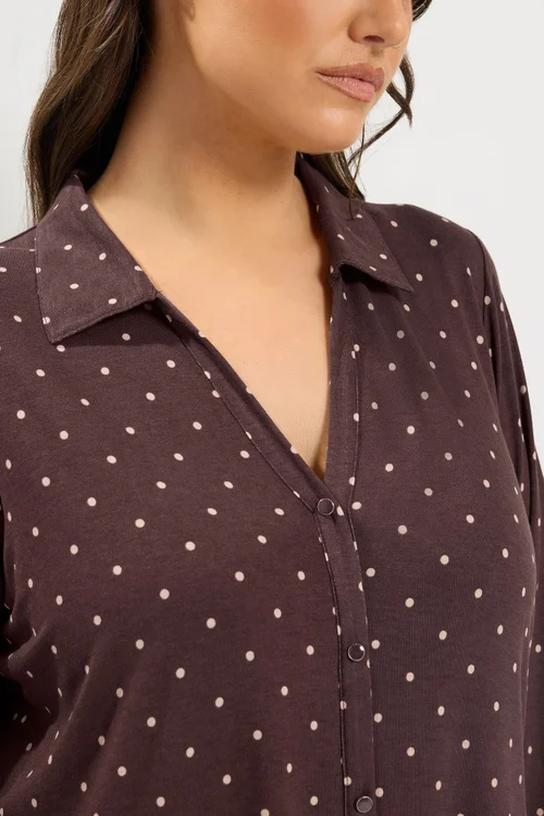 Yours Curve Chocolate Brown Polka Dot Jersey Shirt - 12 Image 4