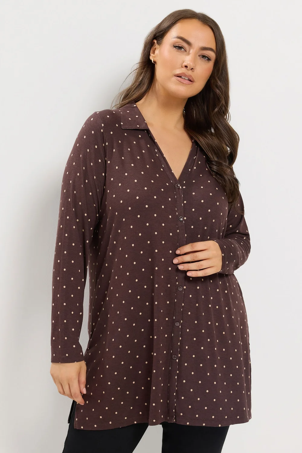 Yours Curve Chocolate Brown Polka Dot Jersey Shirt - 12 Image 1