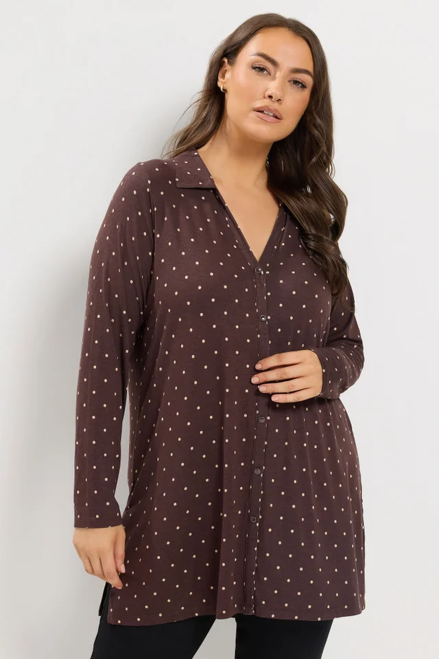 Yours Curve Chocolate Brown Polka Dot Jersey Shirt