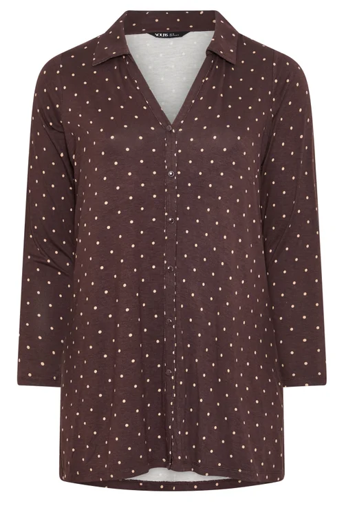 Yours Curve Chocolate Brown Polka Dot Jersey Shirt - 12 Image 5