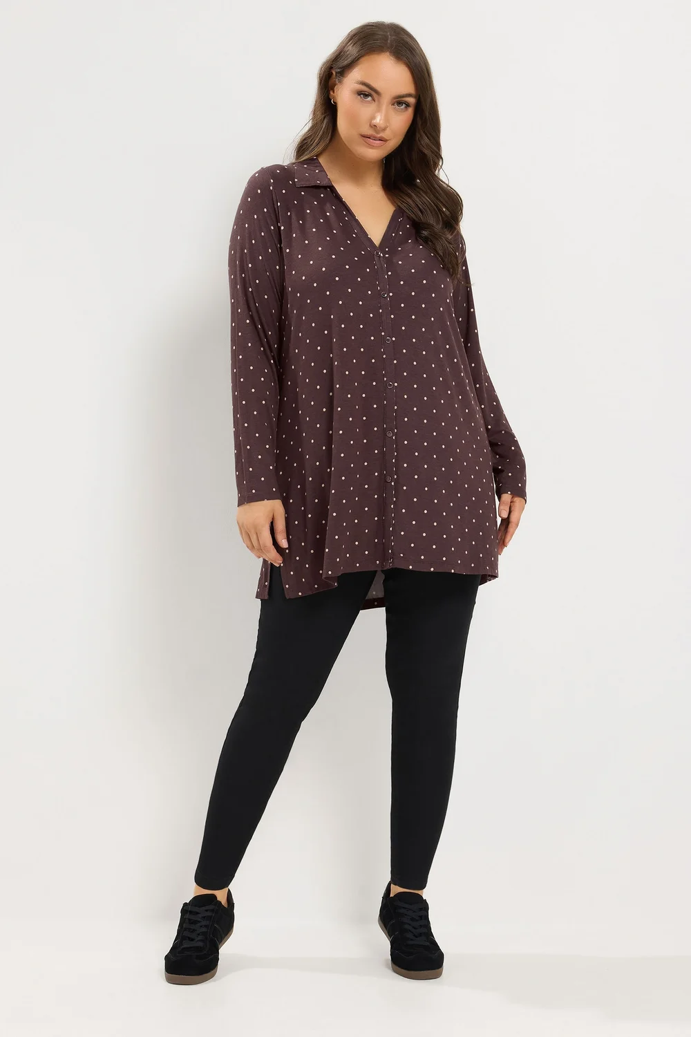 Yours Curve Chocolate Brown Polka Dot Jersey Shirt - 12 Image 2