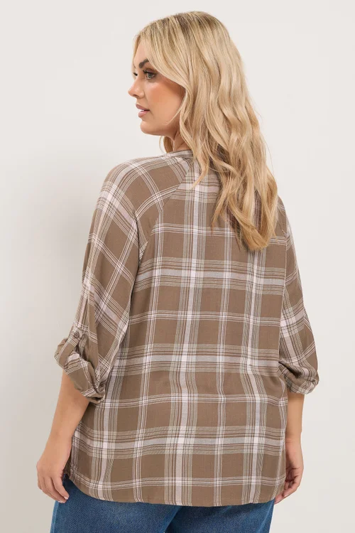 Yours Curve Chocolate Brown Checked Tie Detail Top - 18 Image 4