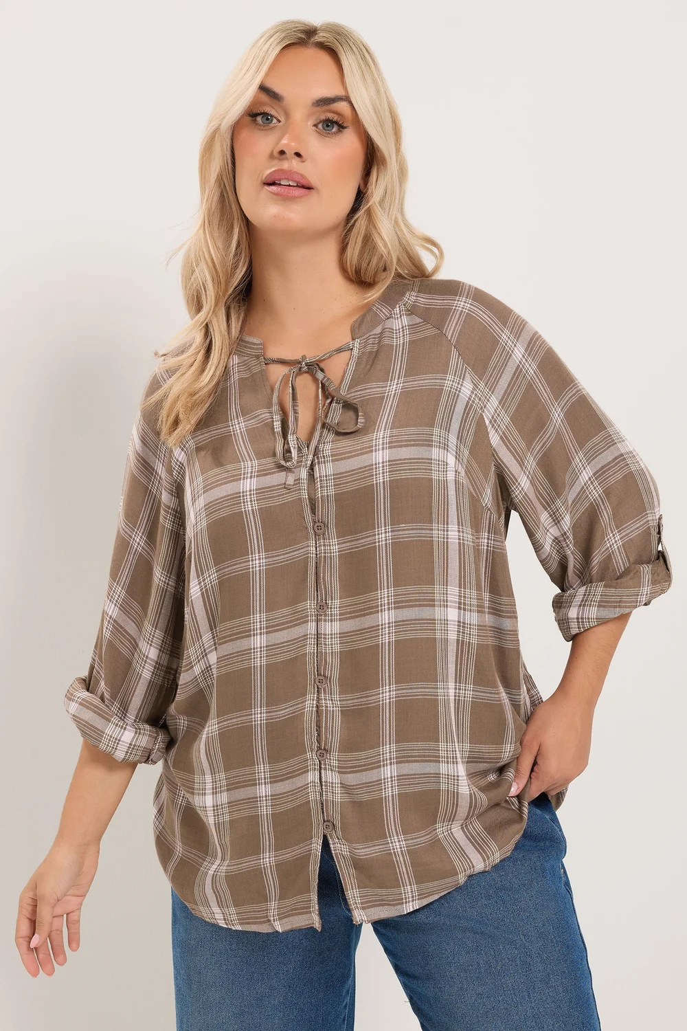 Yours Curve Chocolate Brown Checked Tie Detail Top - 18 Image 1