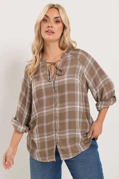 Yours Curve Chocolate Brown Checked Tie Detail Top - 18 Image 1