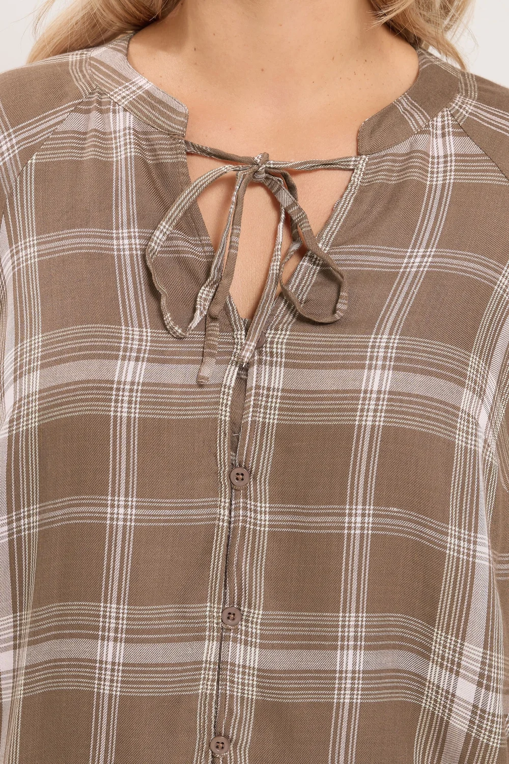 Yours Curve Chocolate Brown Checked Tie Detail Top - 18 Image 5