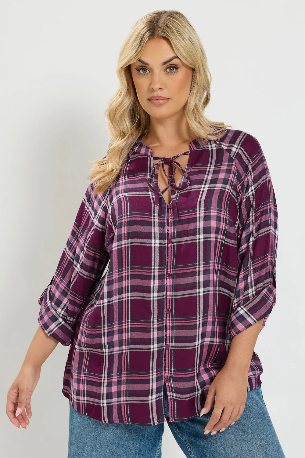 Yours Curve Pink Checked Tie Detail Top - 30-32 Image 1
