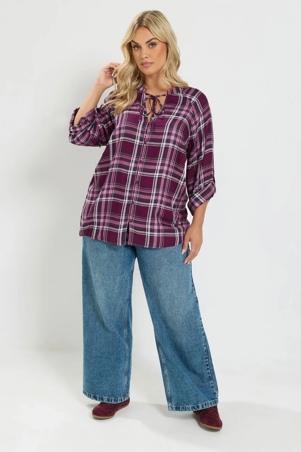 Yours Curve Pink Checked Tie Detail Top - 30-32 Image 2