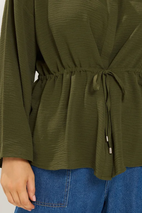 Yours Curve Khaki Green Tie Waist Utility Top - 26-28 Image 5