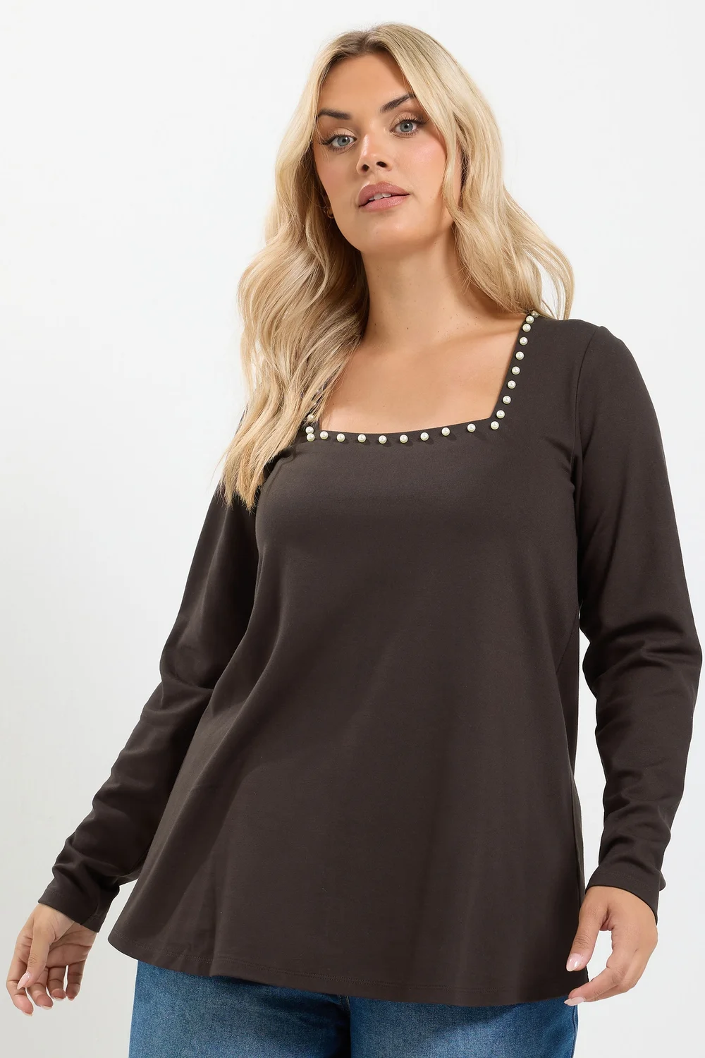 Yours Curve Chocolate Brown Pearl Trim Long Sleeve Top - 12 Image 1