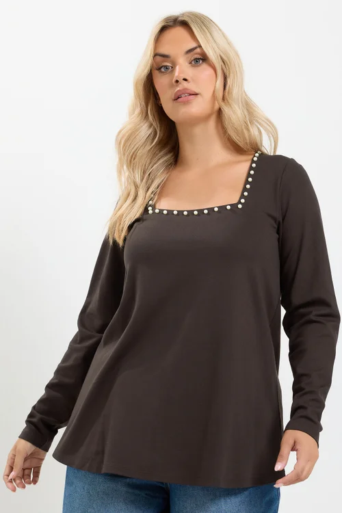 Yours Curve Chocolate Brown Pearl Trim Long Sleeve Top - 12 Image 1