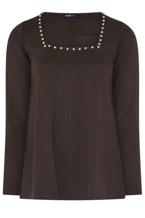 Yours Curve Chocolate Brown Pearl Trim Long Sleeve Top - 12 Image 5