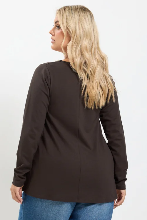 Yours Curve Chocolate Brown Pearl Trim Long Sleeve Top - 12 Image 3