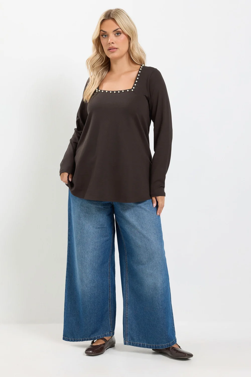 Yours Curve Chocolate Brown Pearl Trim Long Sleeve Top - 12 Image 2
