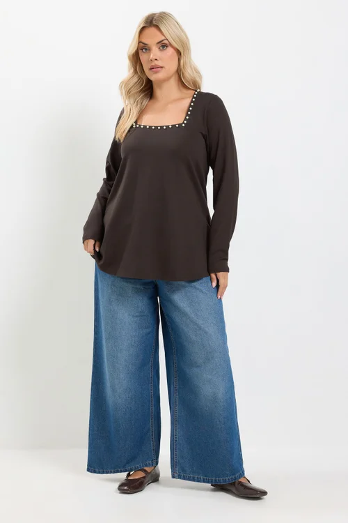 Yours Curve Chocolate Brown Pearl Trim Long Sleeve Top - 12 Image 2