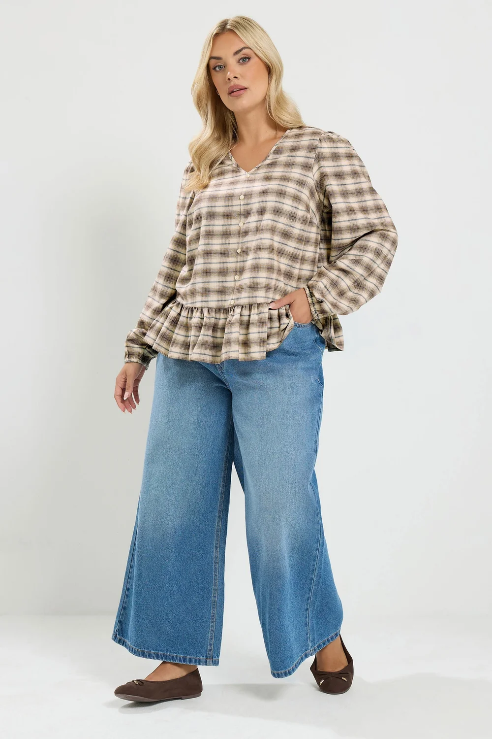 Yours Curve Light Brown Check Peplum Top - 12 Image 3
