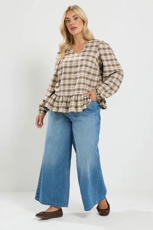Yours Curve Light Brown Check Peplum Top - 12 Image 3