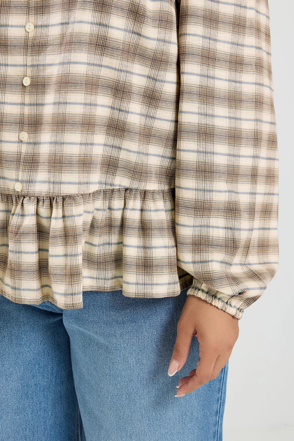 Yours Curve Light Brown Check Peplum Top - 12 Image 5
