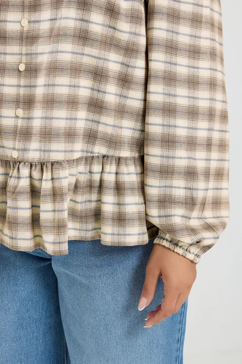 Yours Curve Light Brown Check Peplum Top - 12 Image 5