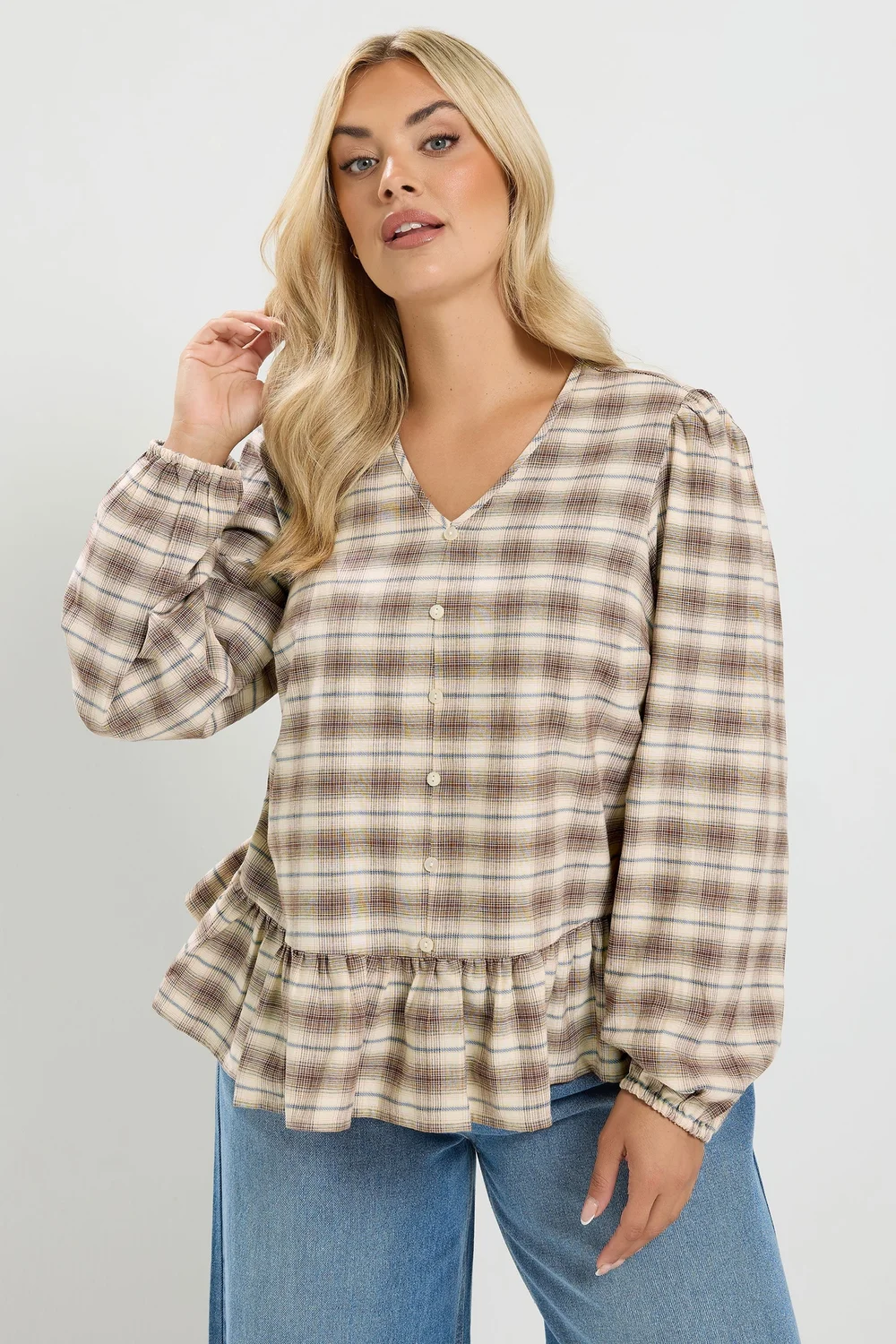 Yours Curve Light Brown Check Peplum Top - 12 Image 1