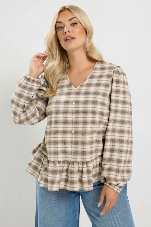 Yours Curve Light Brown Check Peplum Top - 12 Image 1