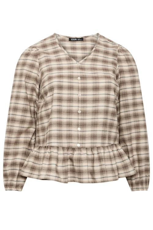 Yours Curve Light Brown Check Peplum Top - 12 Image 2
