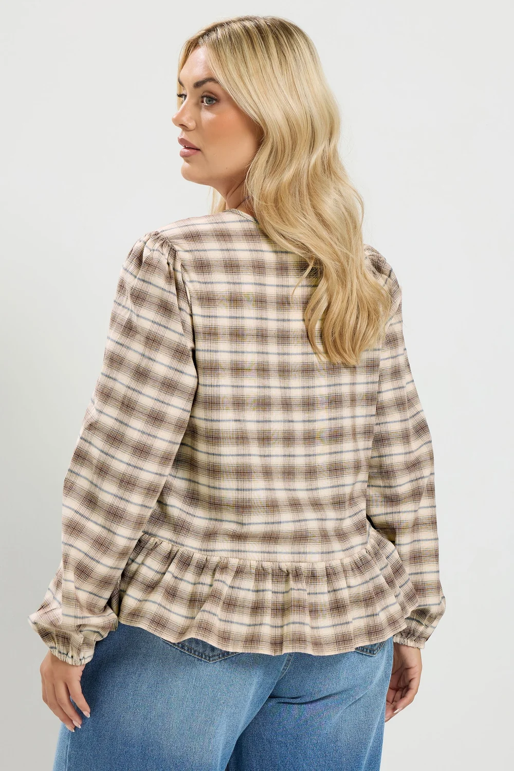Yours Curve Light Brown Check Peplum Top - 12 Image 4