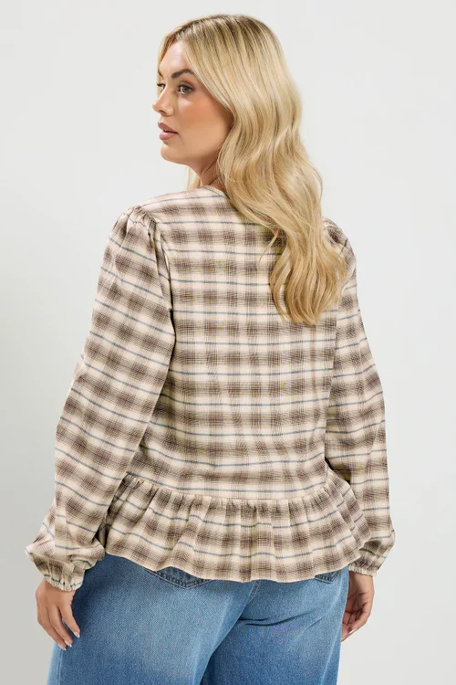 Yours Curve Light Brown Check Peplum Top - 12 Image 4