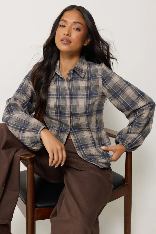 PixieGirl Petite Blue Check Fitted Shirt
