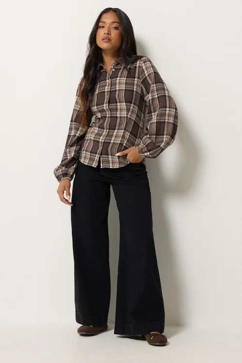 PixieGirl Petite Brown Check Fitted Shirt - 16 Image 2