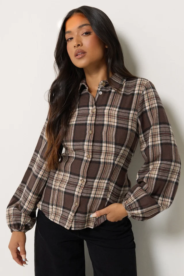 PixieGirl Petite Brown Check Fitted Shirt