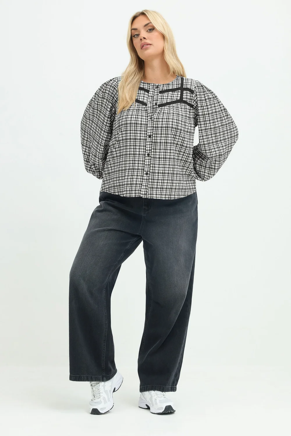 Yours Limited Curve Black Gingham Lace Detail Blouse - 26-28 Image 2