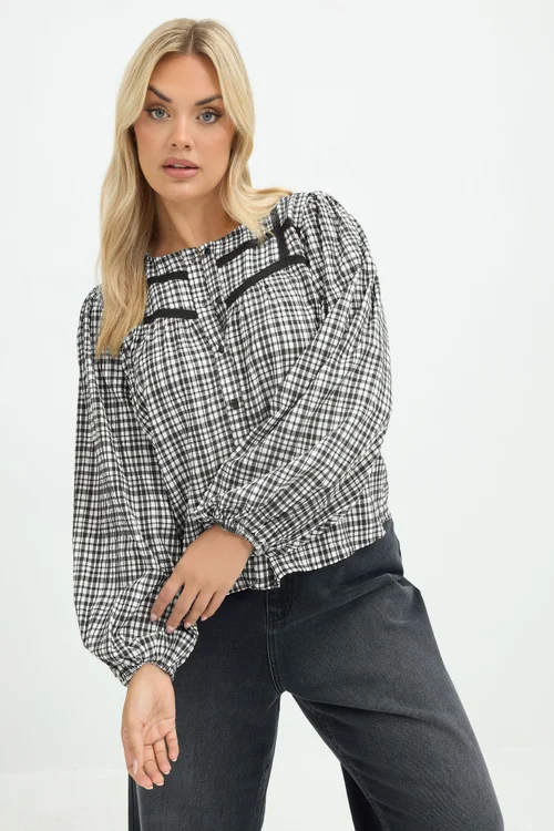 Yours Limited Curve Black Gingham Lace Detail Blouse - 26-28 Image 1