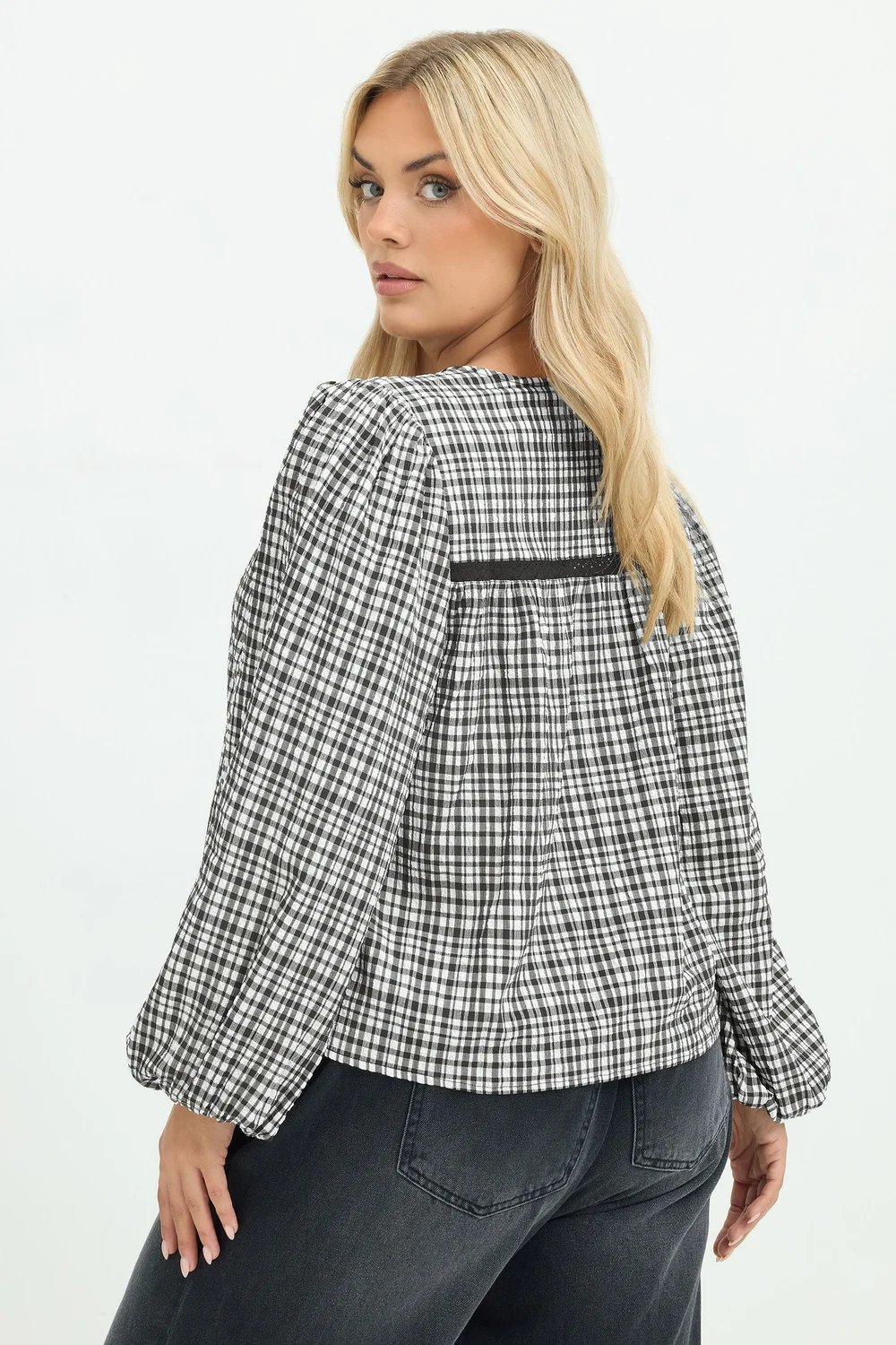 Yours Limited Curve Black Gingham Lace Detail Blouse - 26-28 Image 3