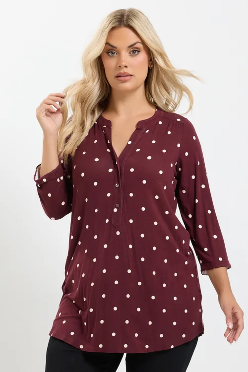 Yours Curve Burgundy Red Spot Print Half Placket Shirt - 12 Image 1