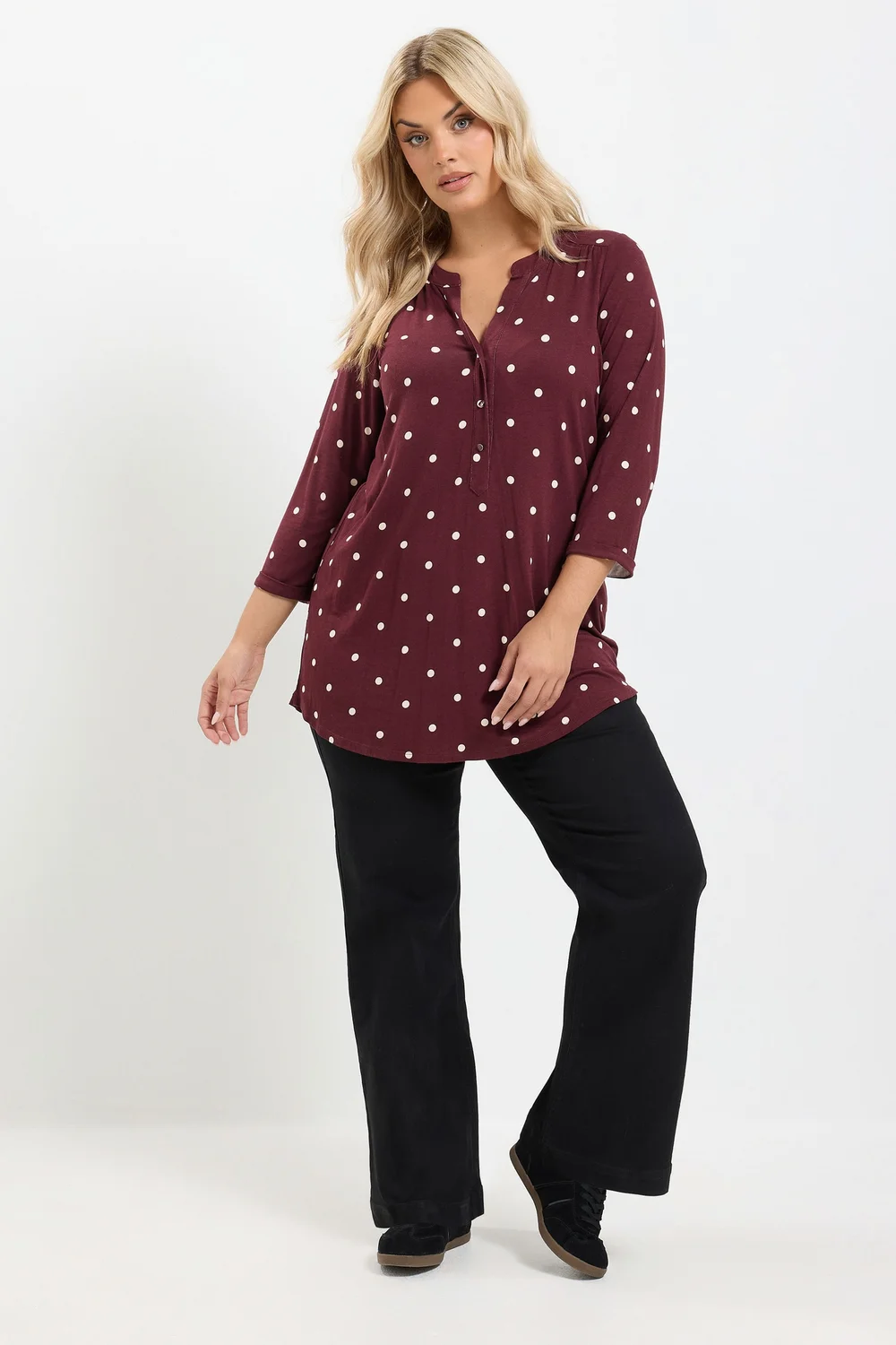Yours Curve Burgundy Red Spot Print Half Placket Shirt - 12 Image 2
