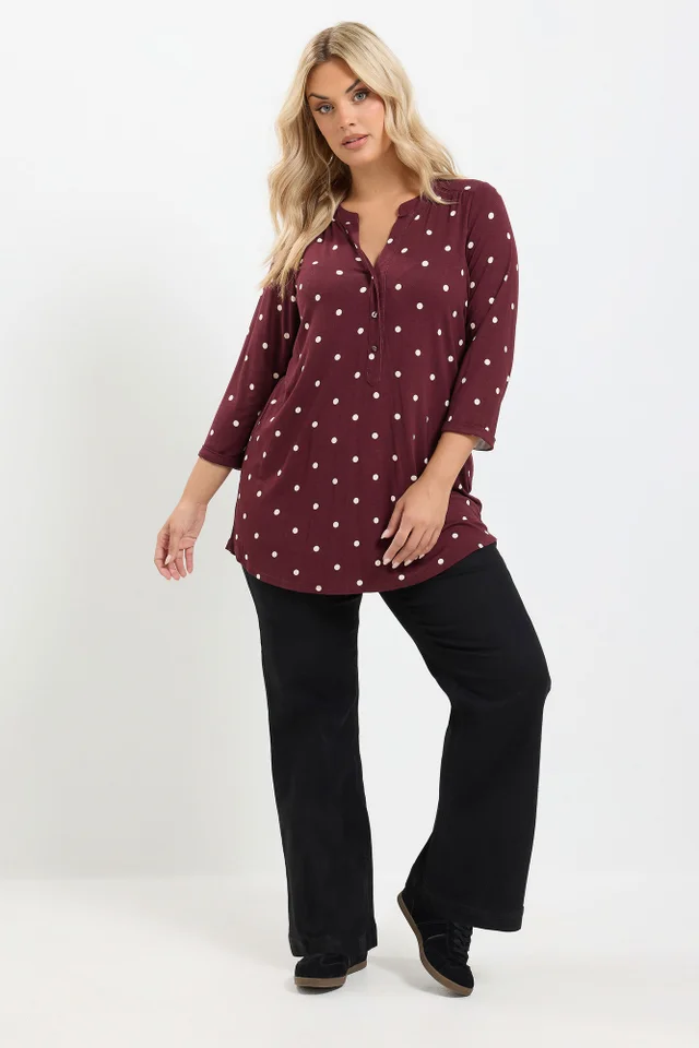 Yours Curve Burgundy Red Spot Print Half Placket Shirt